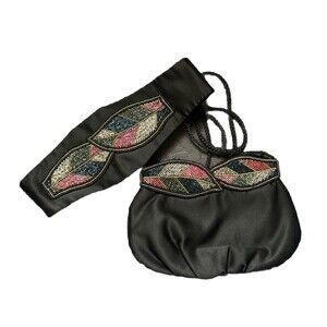 VTG Handmade Black Multicolor Beaded Purse & Matching Sash Belt Waist SZ 27”-33”